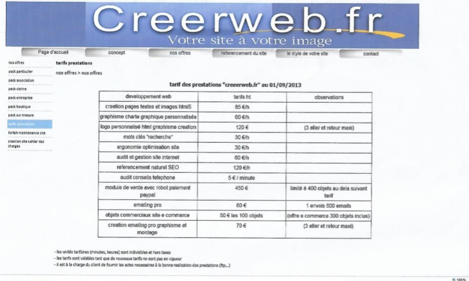 tarifs creerweb